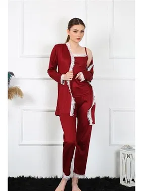 Akbeniz 3Lü Bordo Kadın Pijama Sabahlık Takım Akbeniz 16108