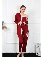 3Lü Bordo Kadın Pijama Sabahlık Takım Akbeniz 16108 Bordo