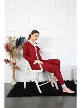 Akbeniz 3Lü Bordo Kadın Pijama Sabahlık Takım Akbeniz 16108 - Alternatif Görünüm