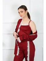 3Lü Bordo Kadın Pijama Sabahlık Takım Akbeniz 16108 Bordo farklı açı