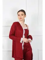 3Lü Bordo Kadın Pijama Sabahlık Takım Akbeniz 16108 Bordo görsel 4