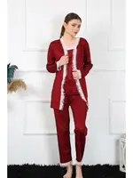 3Lü Bordo Kadın Pijama Sabahlık Takım Akbeniz 16108 Bordo görsel 5