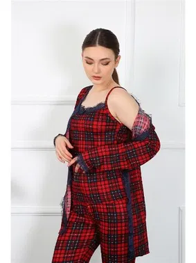 Akbeniz Ekoseli 3Lü İp Askılı Kadın Sabahlık Takım Akbeniz 16106 - Alternatif Görünüm