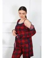 Ekoseli 3Lü İp Askılı Kadın Sabahlık Takım Akbeniz 16106 Kırmızı detay görünüm