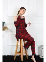 Ekoseli 3Lü İp Askılı Kadın Sabahlık Takım Akbeniz 16106 Kırmızı görsel 4