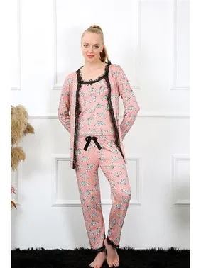 Akbeniz Siyah Dantelli 3Lü Kadın Sabahlık Pijama Takımı Akbeniz 16103