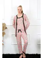 Siyah Dantelli 3Lü Kadın Sabahlık Pijama Takımı Akbeniz 16103 Somon