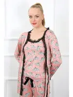 Siyah Dantelli 3Lü Kadın Sabahlık Pijama Takımı Akbeniz 16103 Somon detay görünüm