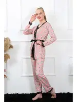 Siyah Dantelli 3Lü Kadın Sabahlık Pijama Takımı Akbeniz 16103 Somon farklı açı