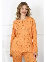 Çiçekli Büyük Beden Uzun Kollu Düğmeli Kadın Pijama Takım Akbeniz 75014 Turuncu farklı açı