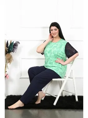 Akbeniz Battal Beden Kısa Kollu Yeşil Kadın Pijama Takım Akbeniz 75004 - Alternatif Görünüm