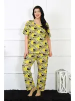 Yuvarlak Yaka Büyük Beden Kısa Kollu Pijama Takım Akbeniz 75007 Sarı