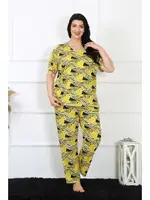 Yuvarlak Yaka Büyük Beden Kısa Kollu Pijama Takım Akbeniz 75007 Sarı detay görünüm