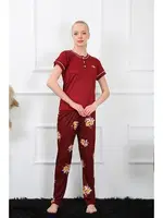 Çiçek Desenli Kısa Kollu Pijama Takımı Akbeniz 20388 Bordo detay görünüm