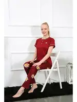 Çiçek Desenli Kısa Kollu Pijama Takımı Akbeniz 20388 Bordo farklı açı