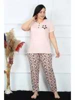 Yıldız Desenli Büyük Beden Kısa Kollu Kadın Pijama Takım Akbeniz 202187 Pudra
