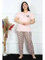 Yıldız Desenli Büyük Beden Kısa Kollu Kadın Pijama Takım Akbeniz 202187 Pudra detay görünüm