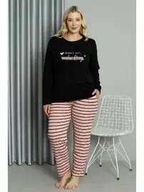 Akbeniz Çizgili Büyük Beden Penye Uzun Kollu Pijama Takım Akbeniz 202210
