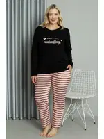 Çizgili Büyük Beden Penye Uzun Kollu Pijama Takım Akbeniz 202210 Siyah