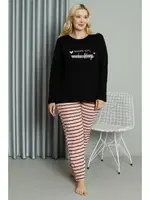 Çizgili Büyük Beden Penye Uzun Kollu Pijama Takım Akbeniz 202210 Siyah detay görünüm