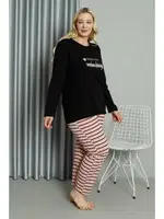 Çizgili Büyük Beden Penye Uzun Kollu Pijama Takım Akbeniz 202210 Siyah farklı açı