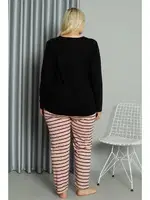 Çizgili Büyük Beden Penye Uzun Kollu Pijama Takım Akbeniz 202210 Siyah görsel 5