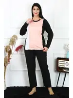 Yuvarlak Yaka Büyük Beden Penye Uzun Kollu Pijama Takım Akbeniz 202213 Somon farklı açı