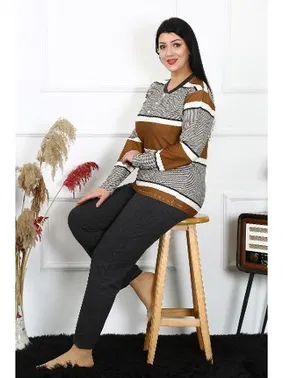 Akbeniz Düğmeli Kadın Büyük Beden Penye Uzun Kollu Pijama Takım Akbeniz 202214