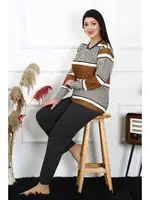 Düğmeli Kadın Büyük Beden Penye Uzun Kollu Pijama Takım Akbeniz 202214 Sütlü Kahve