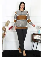 Düğmeli Kadın Büyük Beden Penye Uzun Kollu Pijama Takım Akbeniz 202214 Sütlü Kahve detay görünüm