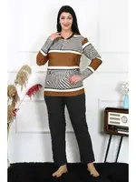 Düğmeli Kadın Büyük Beden Penye Uzun Kollu Pijama Takım Akbeniz 202214 Sütlü Kahve görsel 4