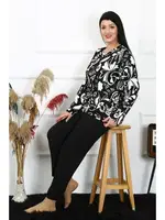 Büyük Beden Penye Uzun Kollu Desenli Kadın Pijama Takım Akbeniz 202217 Siyah