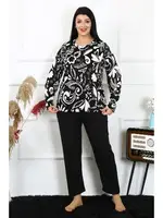 Büyük Beden Penye Uzun Kollu Desenli Kadın Pijama Takım Akbeniz 202217 Siyah detay görünüm