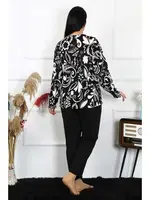Büyük Beden Penye Uzun Kollu Desenli Kadın Pijama Takım Akbeniz 202217 Siyah görsel 4