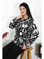 Büyük Beden Penye Uzun Kollu Desenli Kadın Pijama Takım Akbeniz 202217 Siyah görsel 5