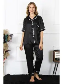 Akbeniz Kısa Kollu Büyük Beden Siyah Saten Pijama Takımı Akbeniz 10303