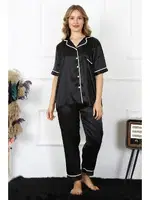 Kısa Kollu Büyük Beden Siyah Saten Pijama Takımı Akbeniz 10303 Siyah
