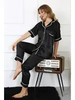 Kısa Kollu Büyük Beden Siyah Saten Pijama Takımı Akbeniz 10303 Siyah detay görünüm
