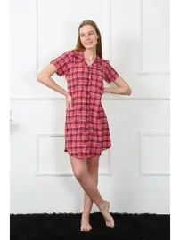 Akbeniz Dokuma Kumaş Ekoseli Önden Düğmeli Tunik Gecelik Akbeniz 1030