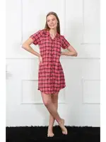 Dokuma Kumaş Ekoseli Önden Düğmeli Tunik Gecelik Akbeniz 1030 Kırmızı