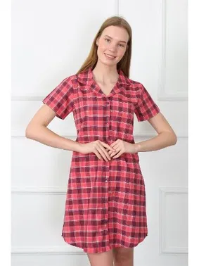 Akbeniz Dokuma Kumaş Ekoseli Önden Düğmeli Tunik Gecelik Akbeniz 1030 - Alternatif Görünüm