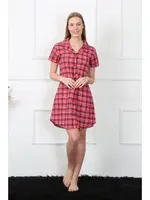 Dokuma Kumaş Ekoseli Önden Düğmeli Tunik Gecelik Akbeniz 1030 Kırmızı farklı açı