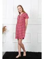 Dokuma Kumaş Ekoseli Önden Düğmeli Tunik Gecelik Akbeniz 1030 Kırmızı görsel 4