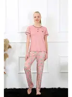 Düğmeli Kısa Kollu Kadın Pijama Takımı Akbeniz 20388 Gül Kurusu