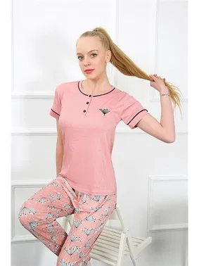 Akbeniz Düğmeli Kısa Kollu Kadın Pijama Takımı Akbeniz 20388 - Alternatif Görünüm