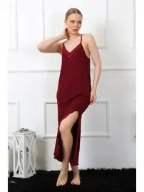 Akbeniz İp Askılı Bordo Uzun Kadın Gecelik Akbeniz 901