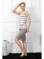 İnce Askılı Kapri Çizgili Kadın Pijama Takım Akbeniz 3607 Vizon farklı açı