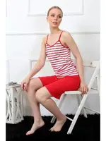 İp Askılı Çizgili Kadın Kapri Pijama Takım Akbeniz 3608 Kırmızı