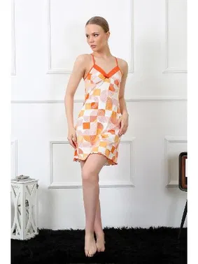 Akbeniz Desenli İp Askılı Turuncu Penye Gecelik Akbeniz 405 - Alternatif Görünüm