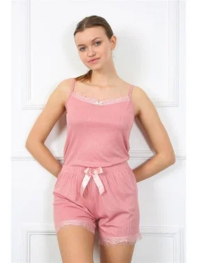 Akbeniz Pembe İnce Askılı Şortlu Kadın Pijama Takım Akbeniz 3603 - Alternatif Görünüm
